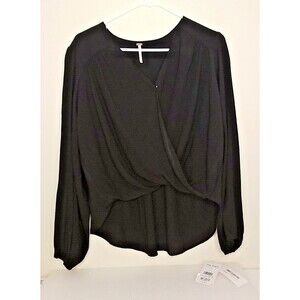 FREE PEOPLE CHECK ON IT NWT XS Black Faux Wrap Long Sleeve Draped Top NEW   T8